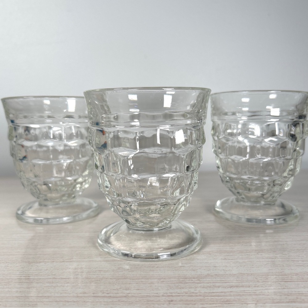 Indiana Glass Whitetail Clear Waffle Footed Glasses Barware Retro MCM THREE